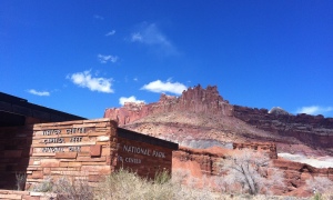The Capitol Reef sign melts into the landscape.